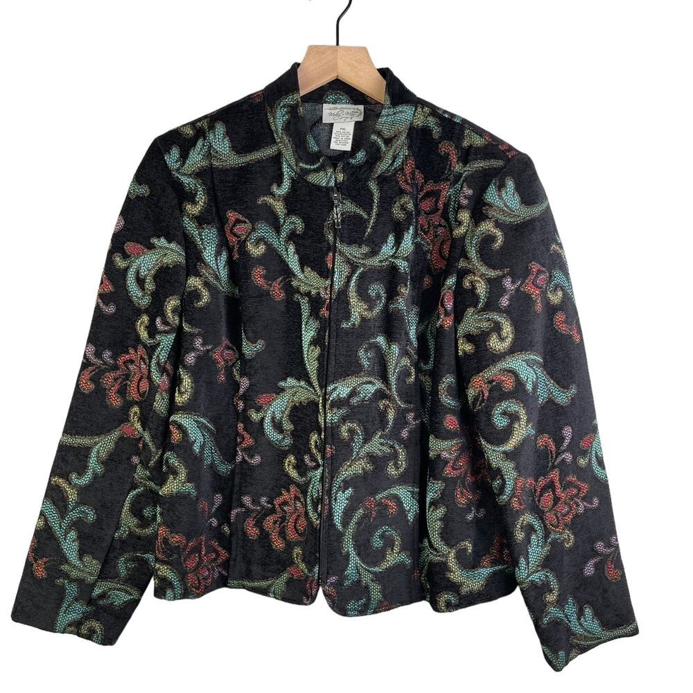 Molly & Maxx Tapestry Jacket Black Floral Paisley Zip Up Boho Grannycore Retro